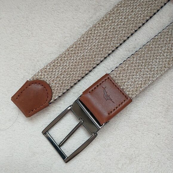 Tommy Bahama Belt Mens S/M Canvas Webbed Woven Navy Brown Leather - Picture 3 of 8